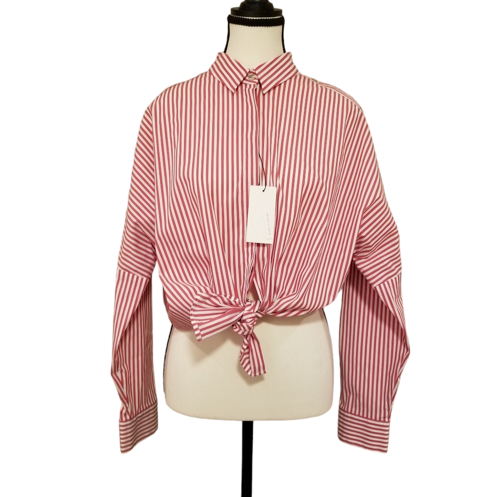 Oui Red and White Striped Collared Shirt